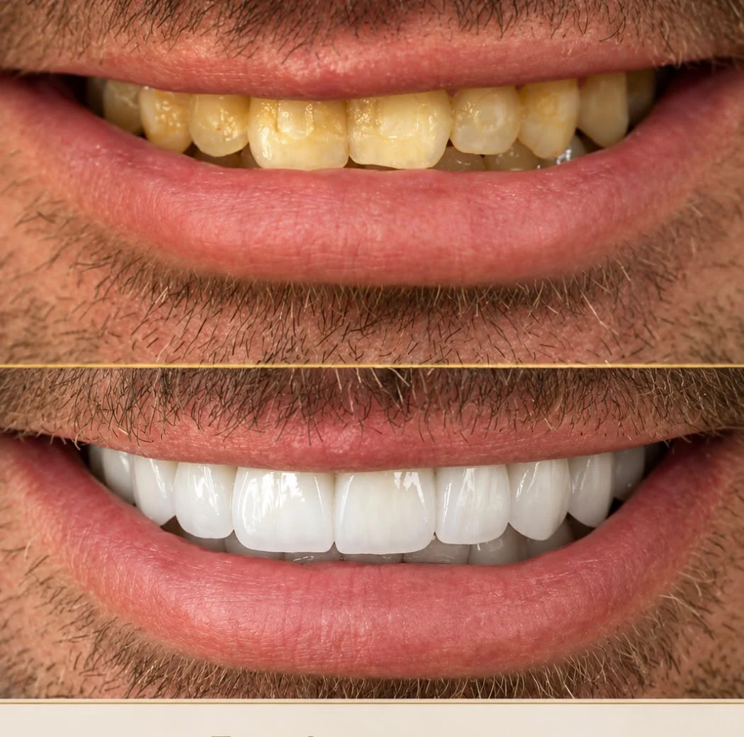 Antes e depois de coroas em porcelana